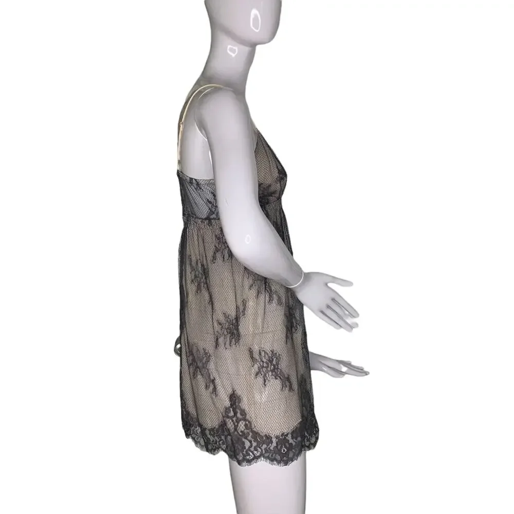 Flora Nikrooz Babydoll Size M Black Lace Nude Lining Adjustable Straps